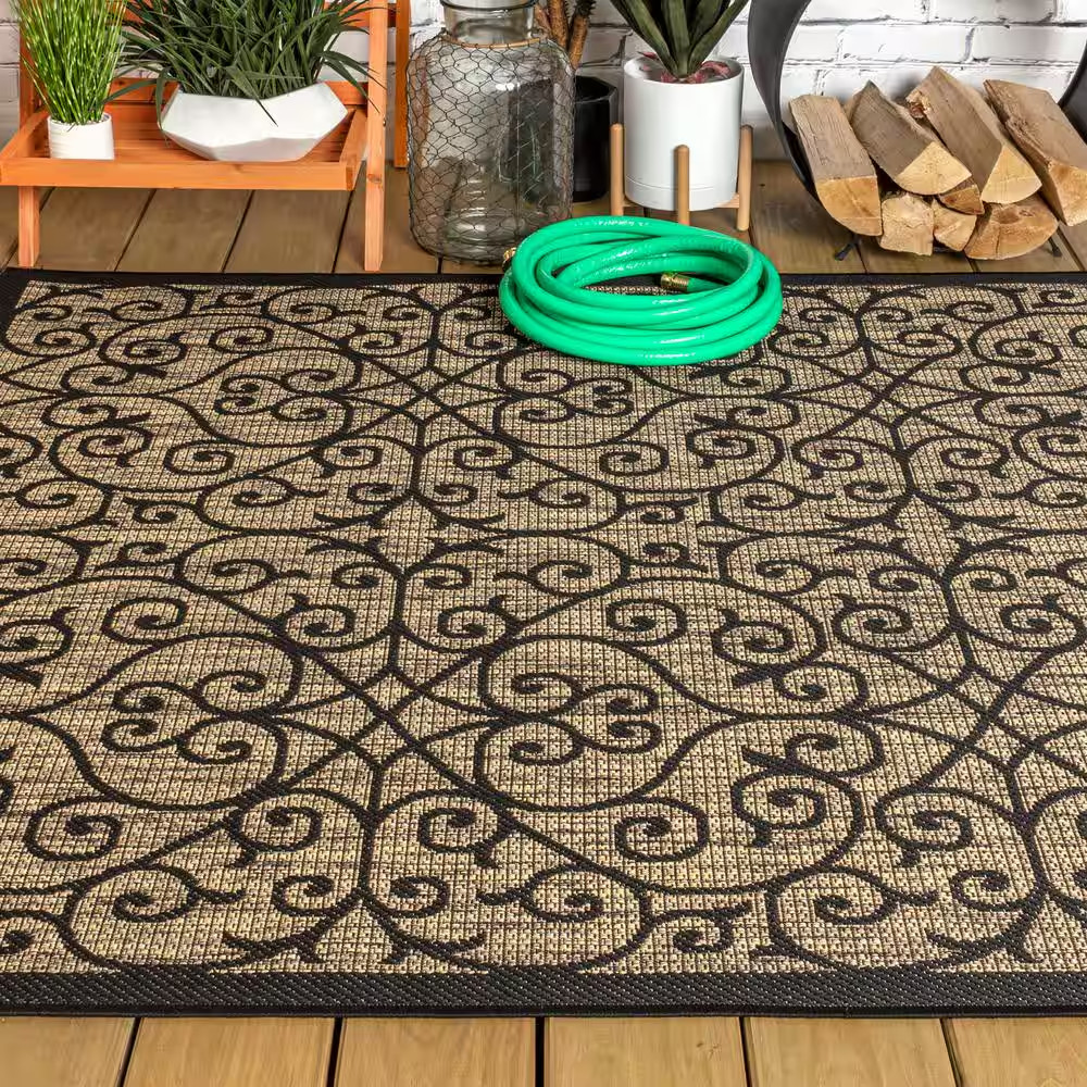 Madrid Vintage Filigree Black/Khaki 7 Ft. 9 In. X 10 Ft. Textured Weave Indoor/O