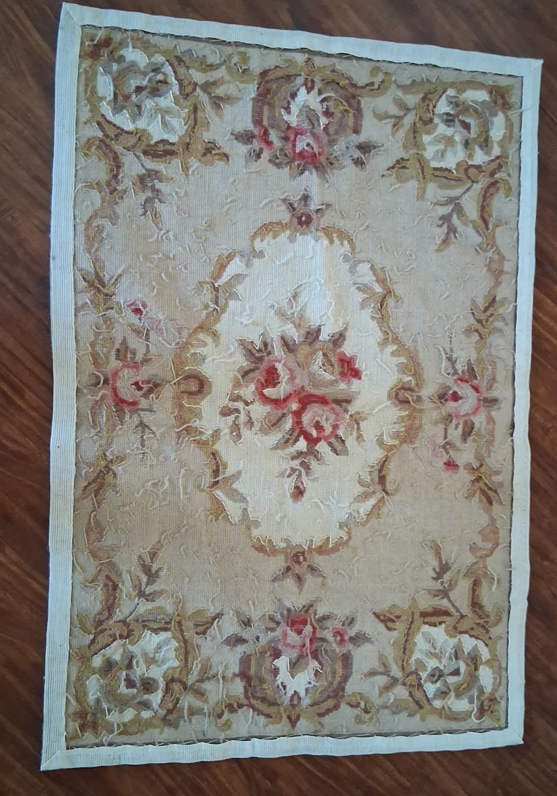 Vintage French Style Aubusson Rug Needlepoint Roses Handmade Tapestry 2ft x 3ft