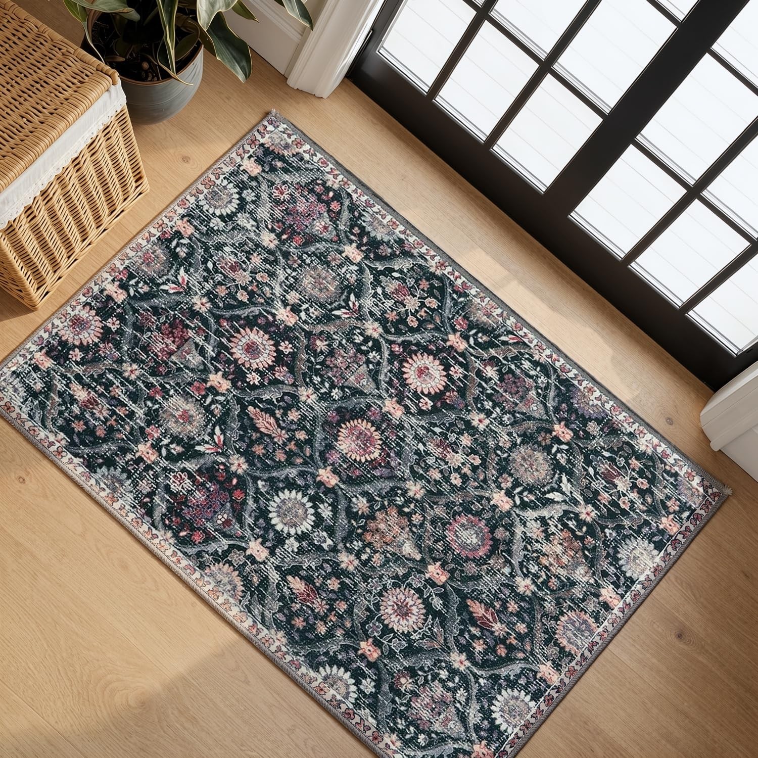 Moroccan Trellis Washable Rug, 2×3 Entryway Rugs for Kitchen Bathroom, Non-Sl…