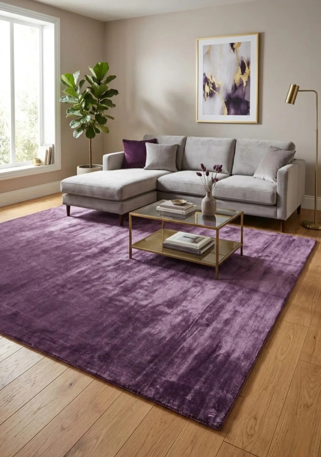 Purple Viscose Silk Rug, Solid Plum Area Rug, Soft Handmade Living Room Carpet,