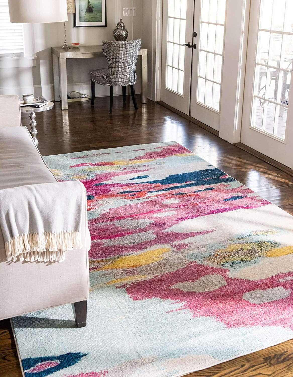 Vibrant Abstract Area Rug – Estrella Collection, Pink/Ivory, 9′ x 12