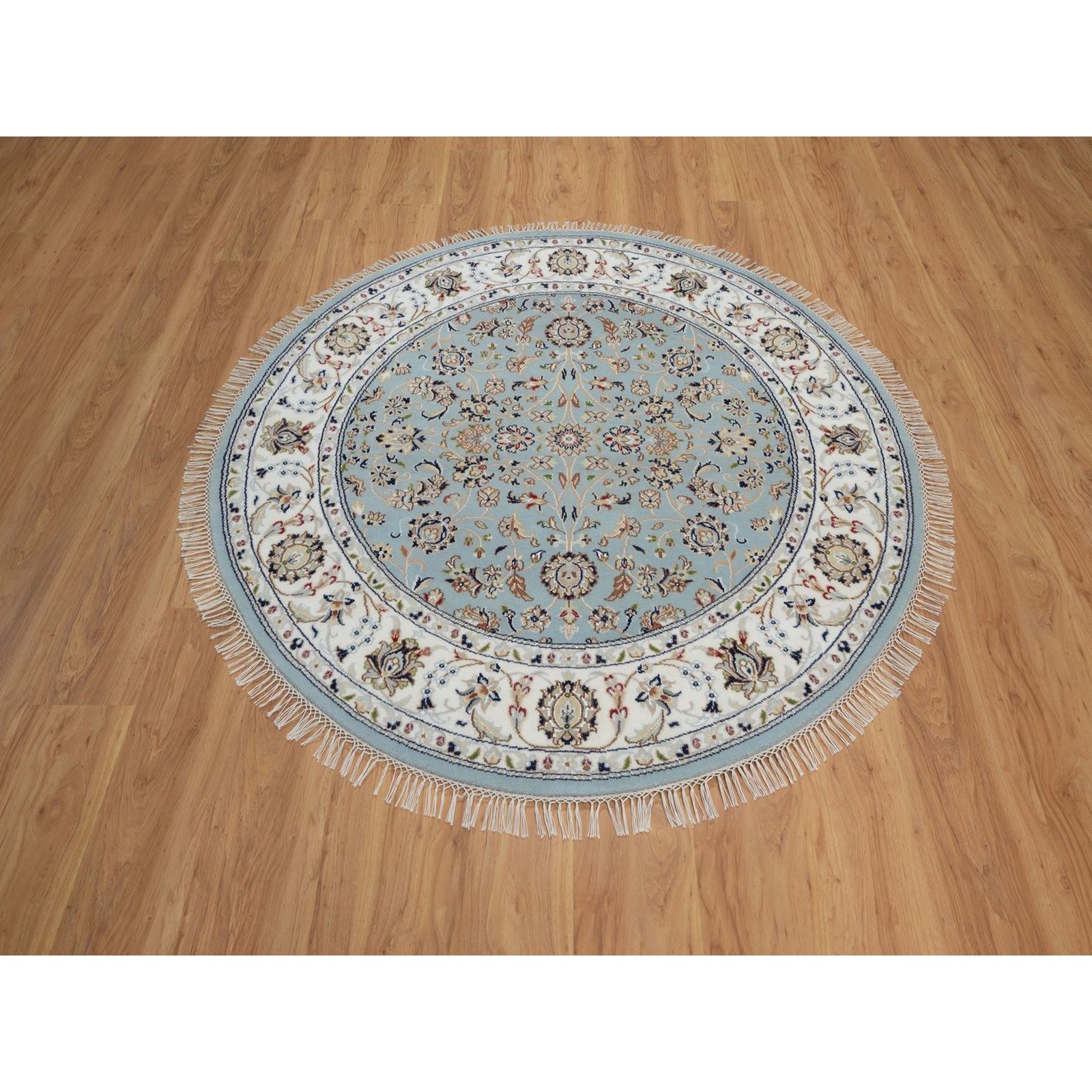 5’2″x5’2″ Light Blue Nain Flower Design Wool & Silk Hand Knotted Round Rug 92029