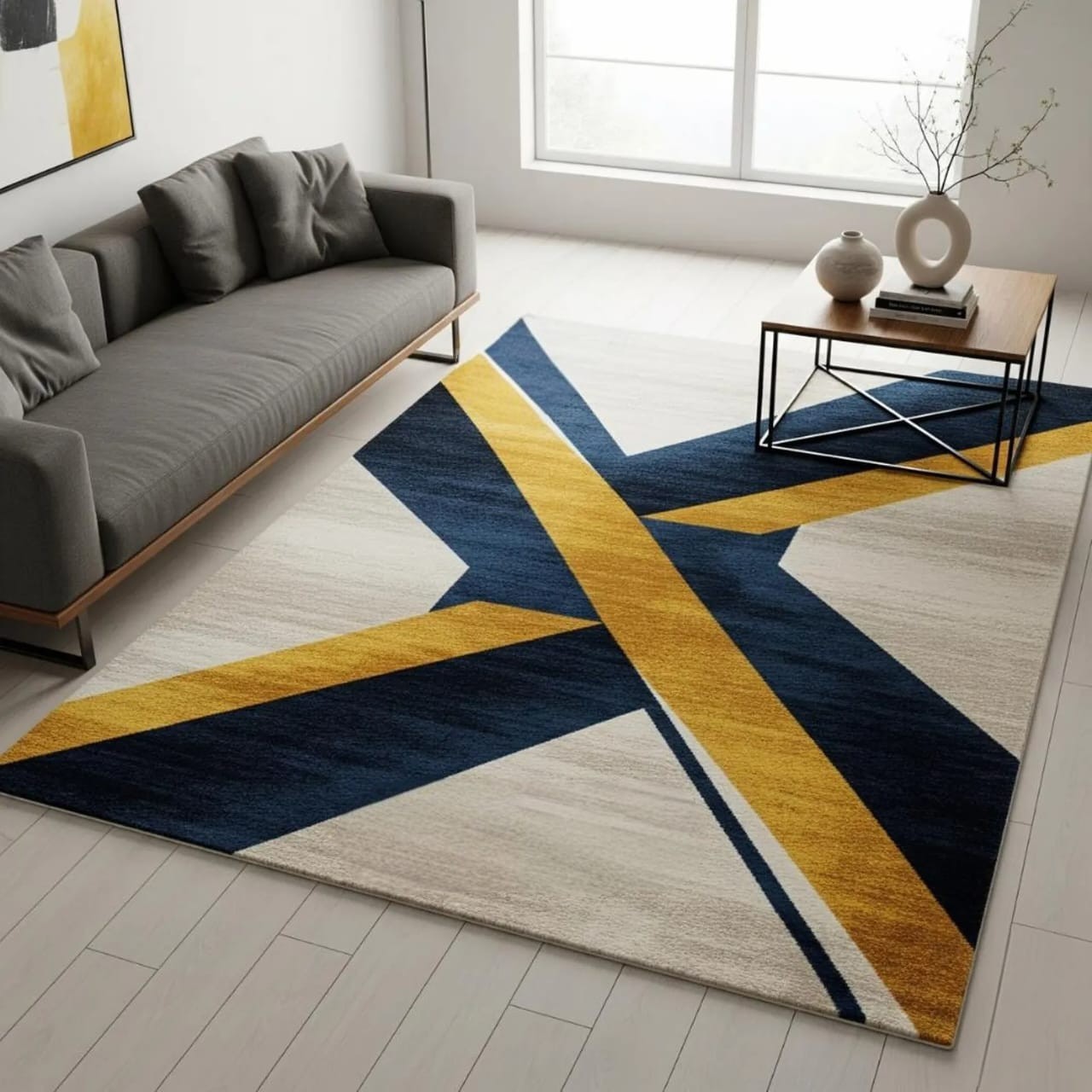 Modern Mustard Navy Blue Hand Tufted Geometric Wool Area Room Rugs