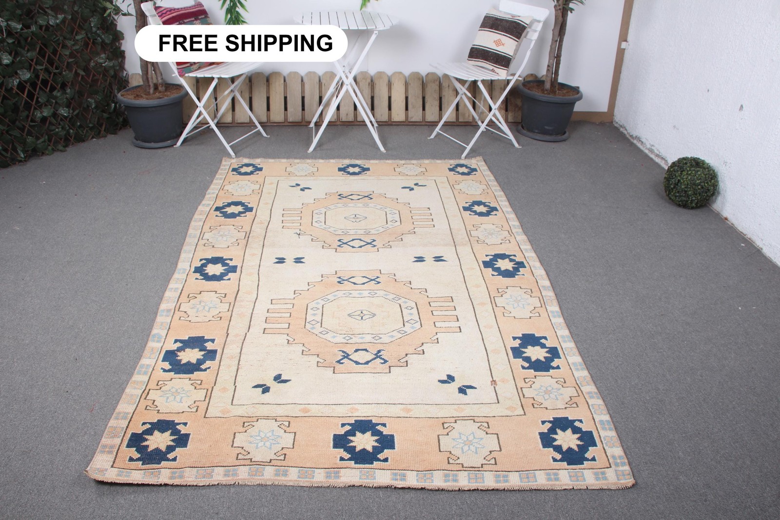 4,9×7,4 ft Turkish Vintage Rug, Area Rug, Beige floral geometric Rug