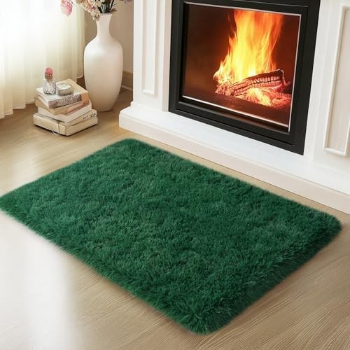 2×3 Rugs for Bedroom, Fluffy Area Rugs for Living Room, 2ft x 3ft Dark Green