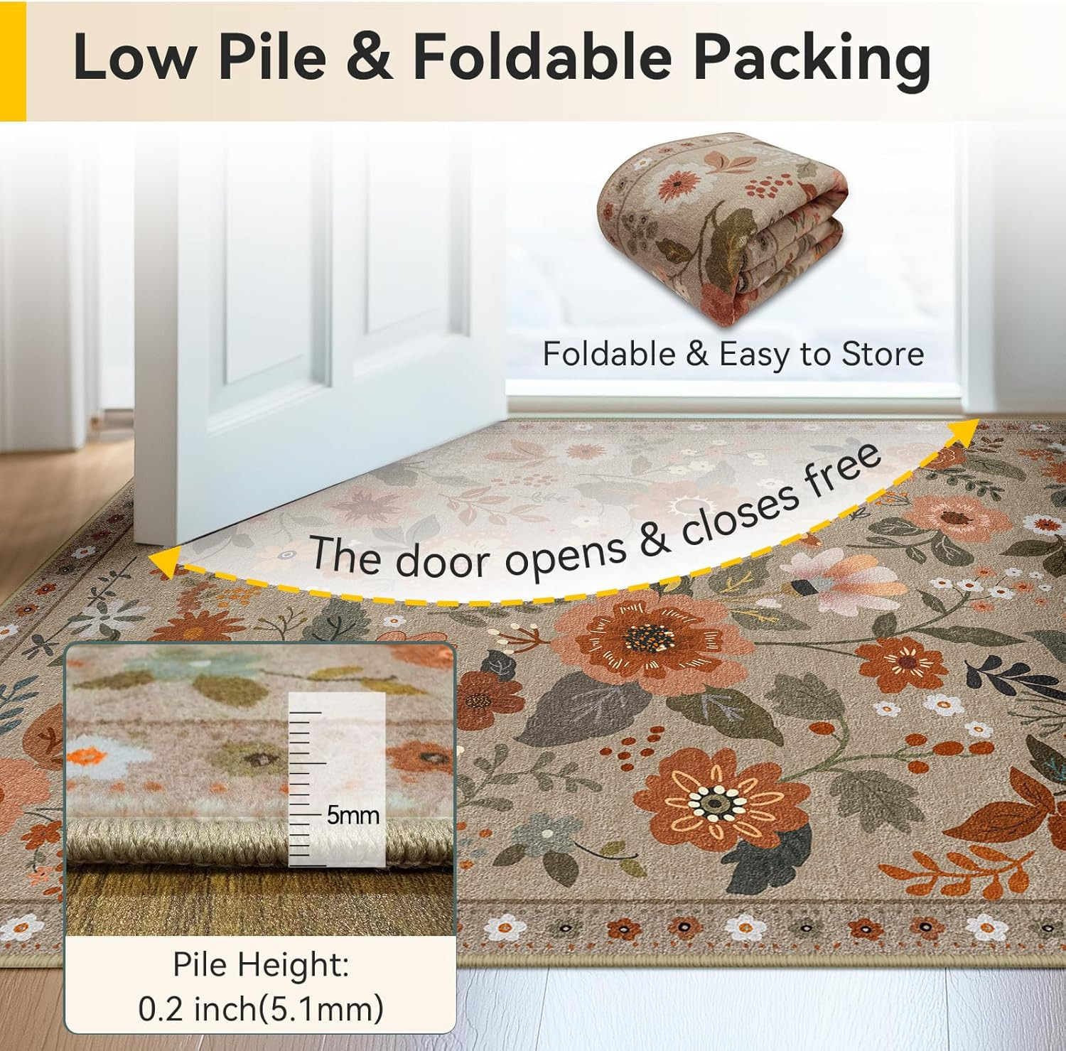 Floral 3X5 Area Rugs Washable Print Boho Cute Carpet Non Slip Flower Low Pile fo
