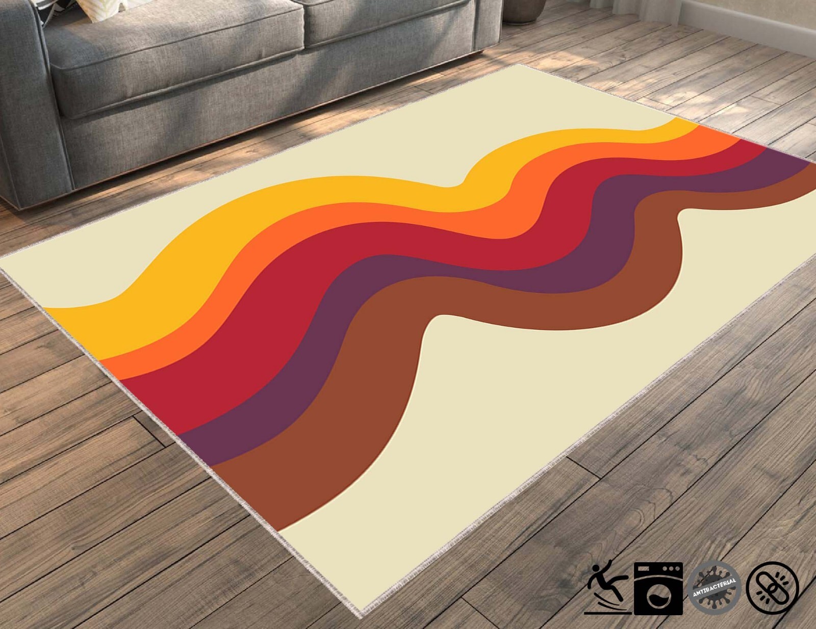 Retro Wavy Rug, Colorful Wave Carpet, 70s Style Area Rug, Funky Room Decor Rug