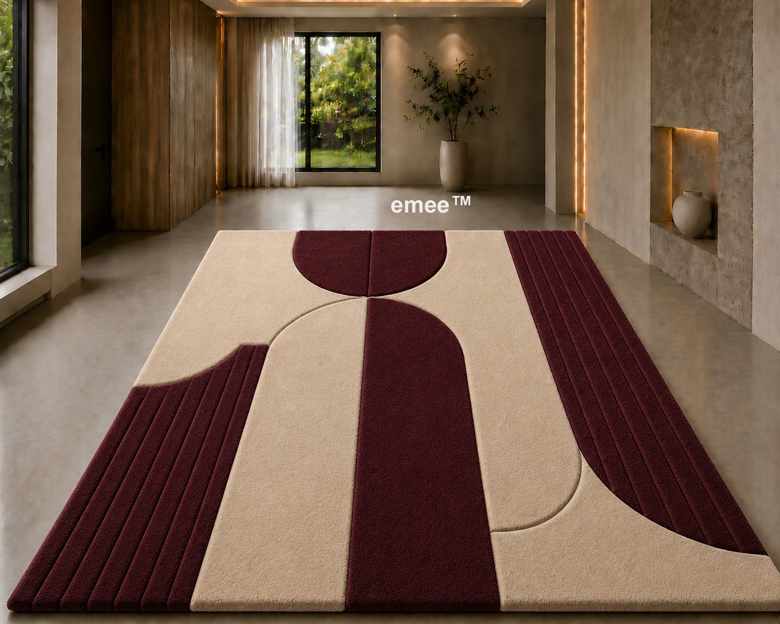 Hand-Tufted Burgundy- beige Wool Area Rug: Modern Area Rug Handmade Carpet