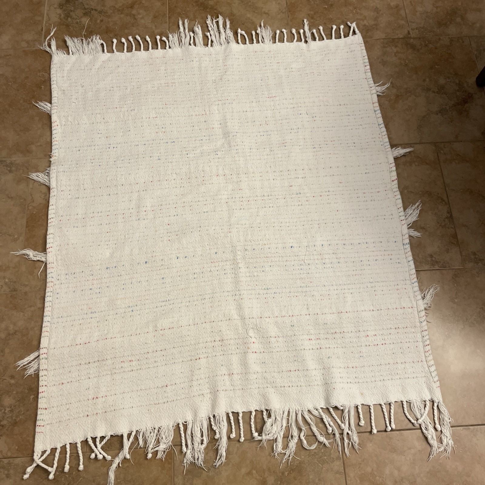 Woven White Rainbow Stripe Fringe Accent Rug 56×44″ Boho Kitchen Bath Décor Cott