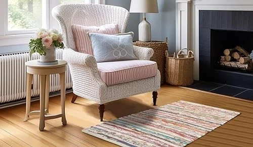 Cotton Chindi Rag Rug – Boho Farmhouse Rustic Area Accent Throw Rug –