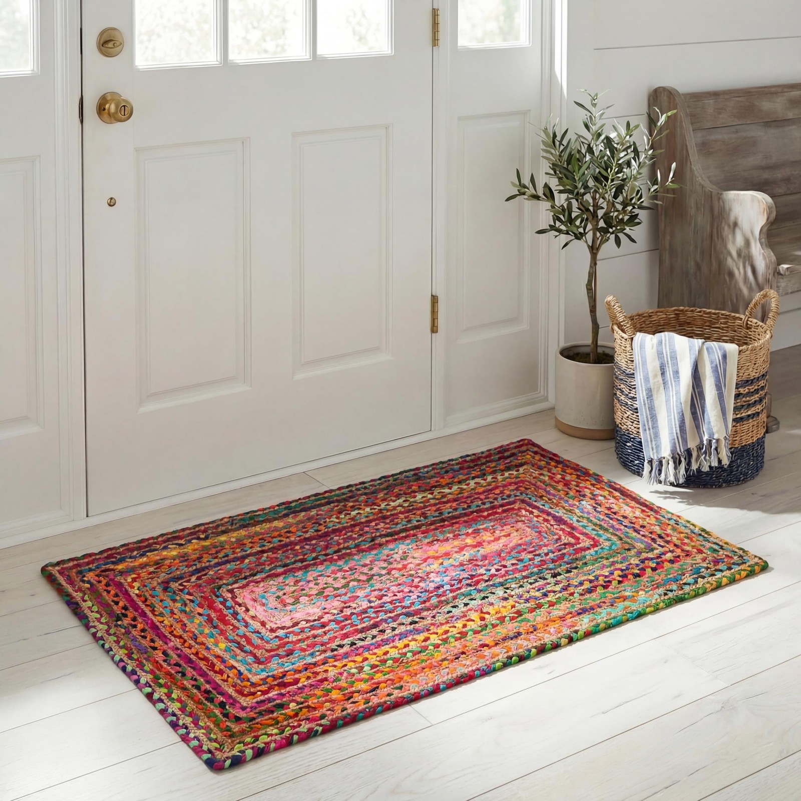 Cape Cod Collection Area Rug – 2’3″ x 4′, Red & Multi, Handmade Jute & Cotton…