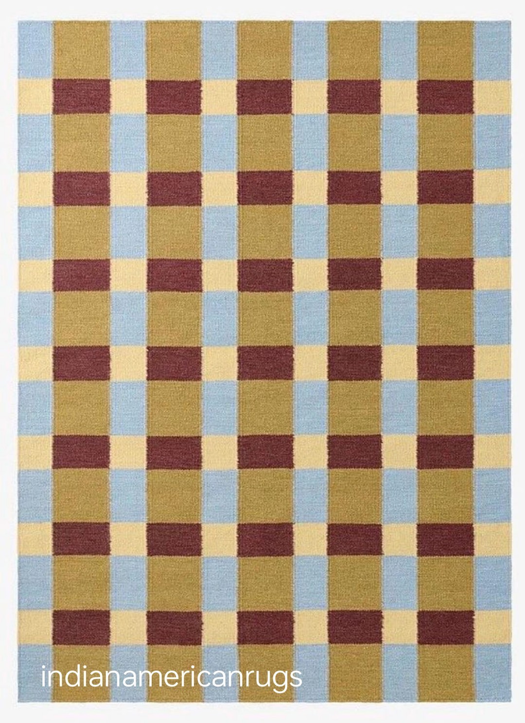 5×7 ft Handwoven Blue, Maroon and Gold: Bauhaus Plaid Scandinavian Modern design
