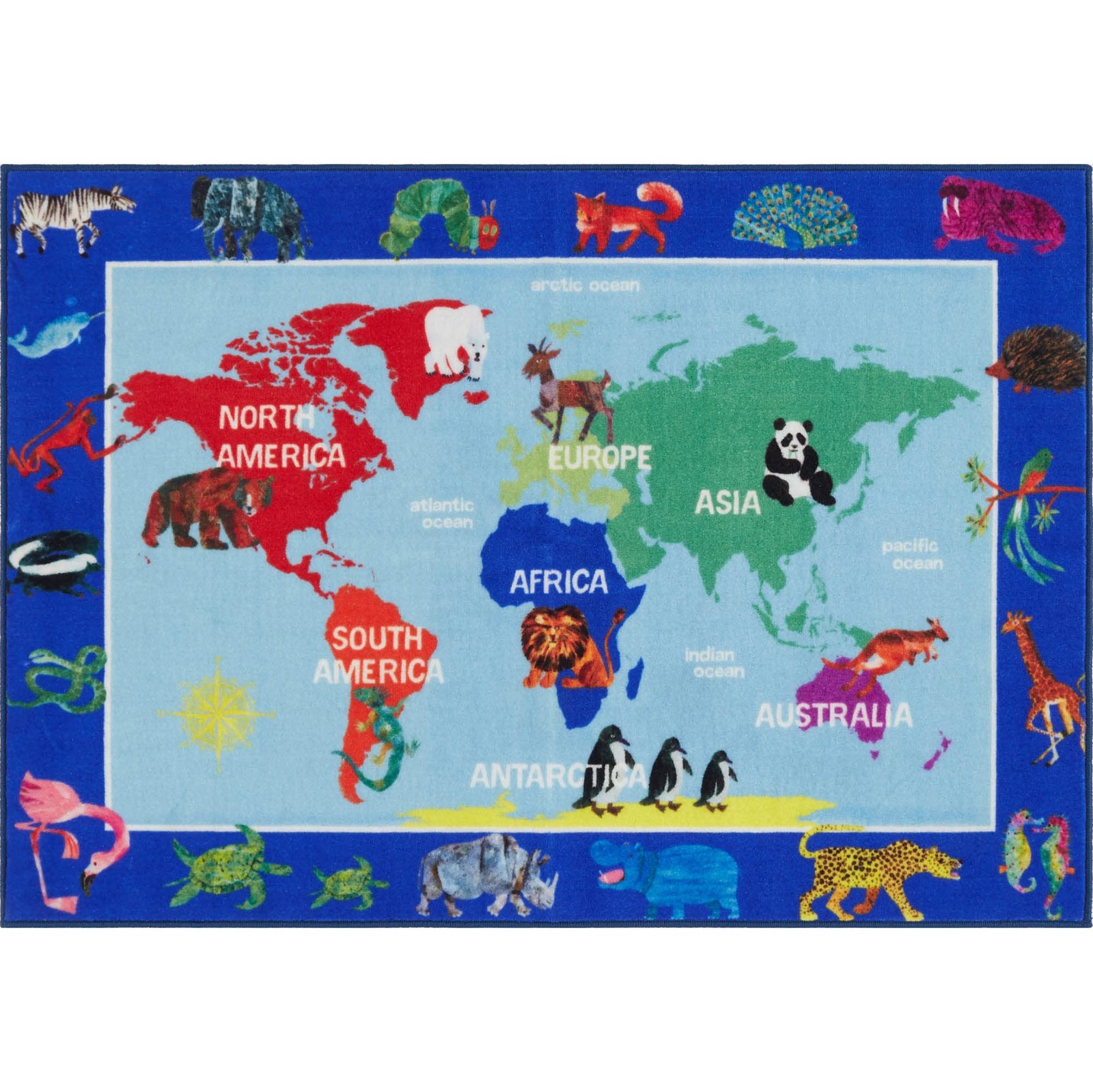 Kids Area Rug 6’6″ X 9’5″ World Map Machine Washable Blue/Red – Educational