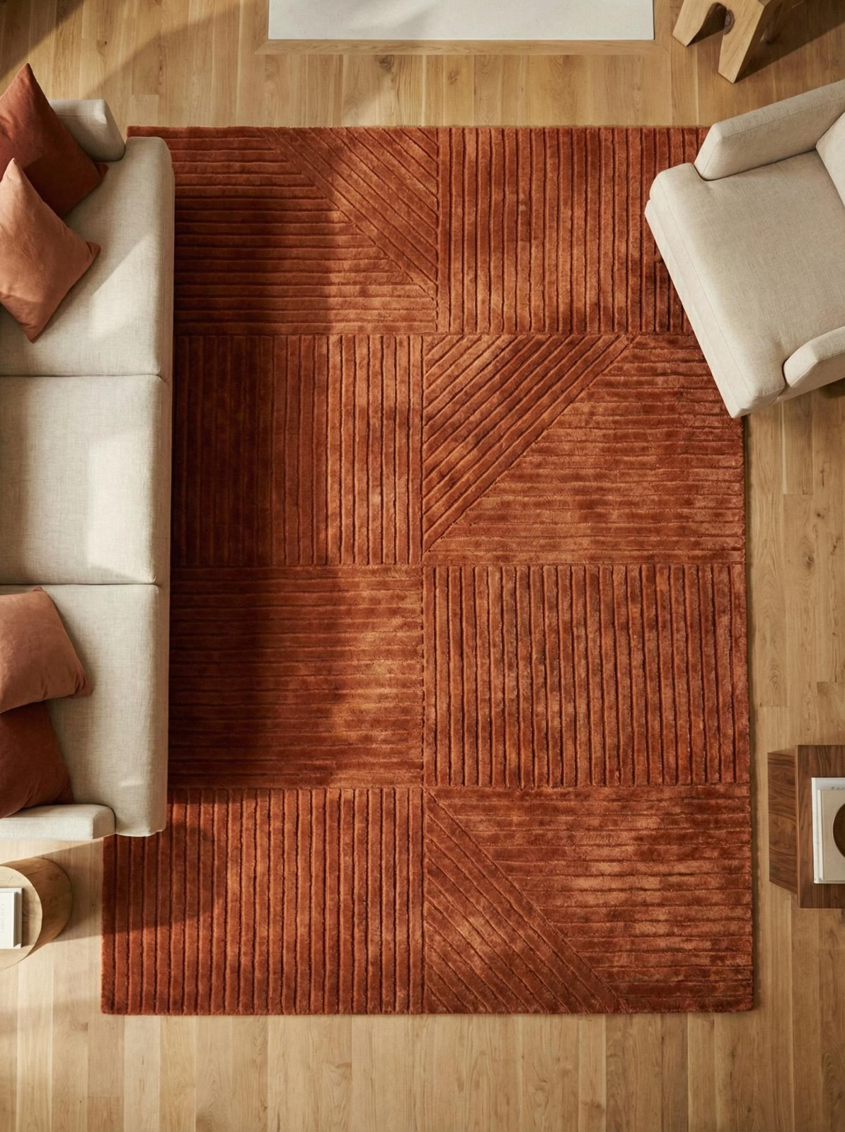 Terracotta Hand Tufted Rug Rust Orange Geometric Area Rug Modern Minimalist Rug