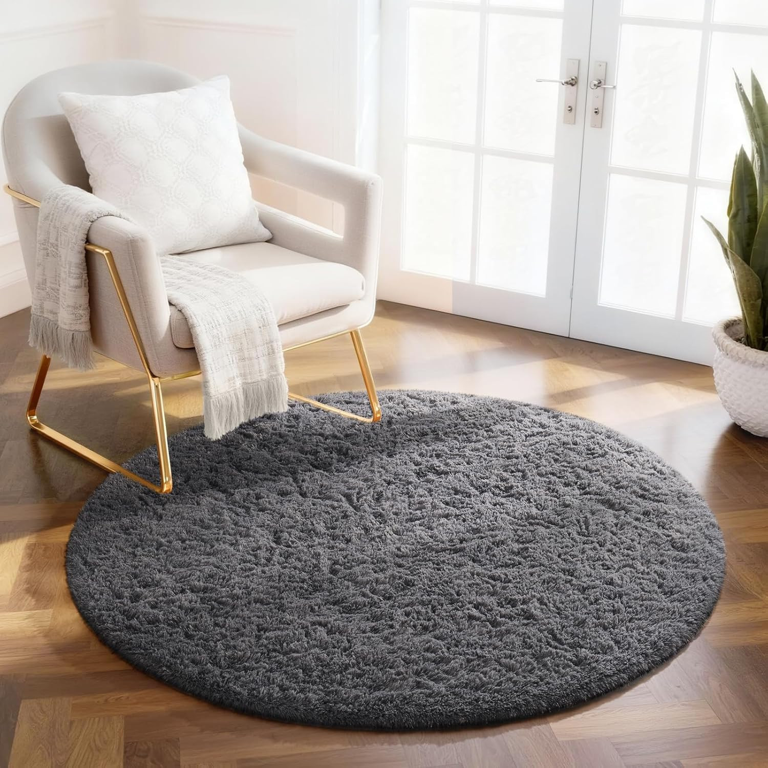 round Rug 2Ft Grey Circle Area Rug, Fluffy Fuzzy Bedroom Carpet, Plush Soft Shag