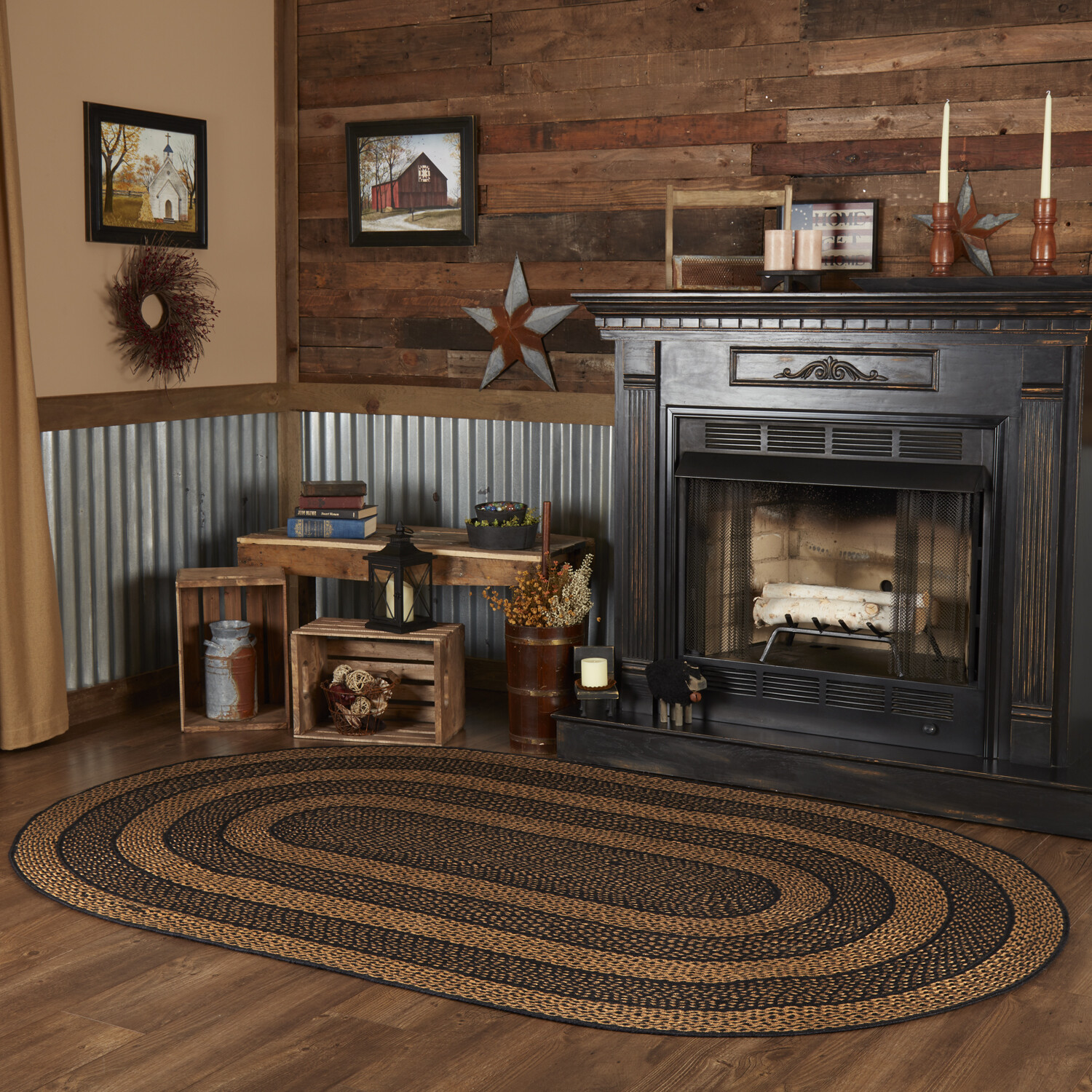 VHC Black Tan Eco-Friendly Jute Primitive Country Oval Braided Rug