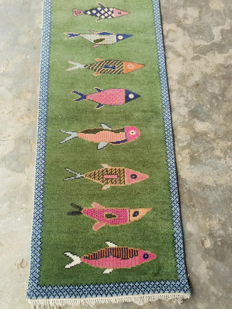 Koi Fish Runner Rug: Green Colorful Carpet Handmade Wool Area Rug