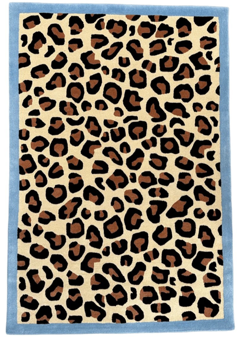 Hand Tufted Leopard Print Wool Rug Blue Border Modern Animal Print Area Carpet