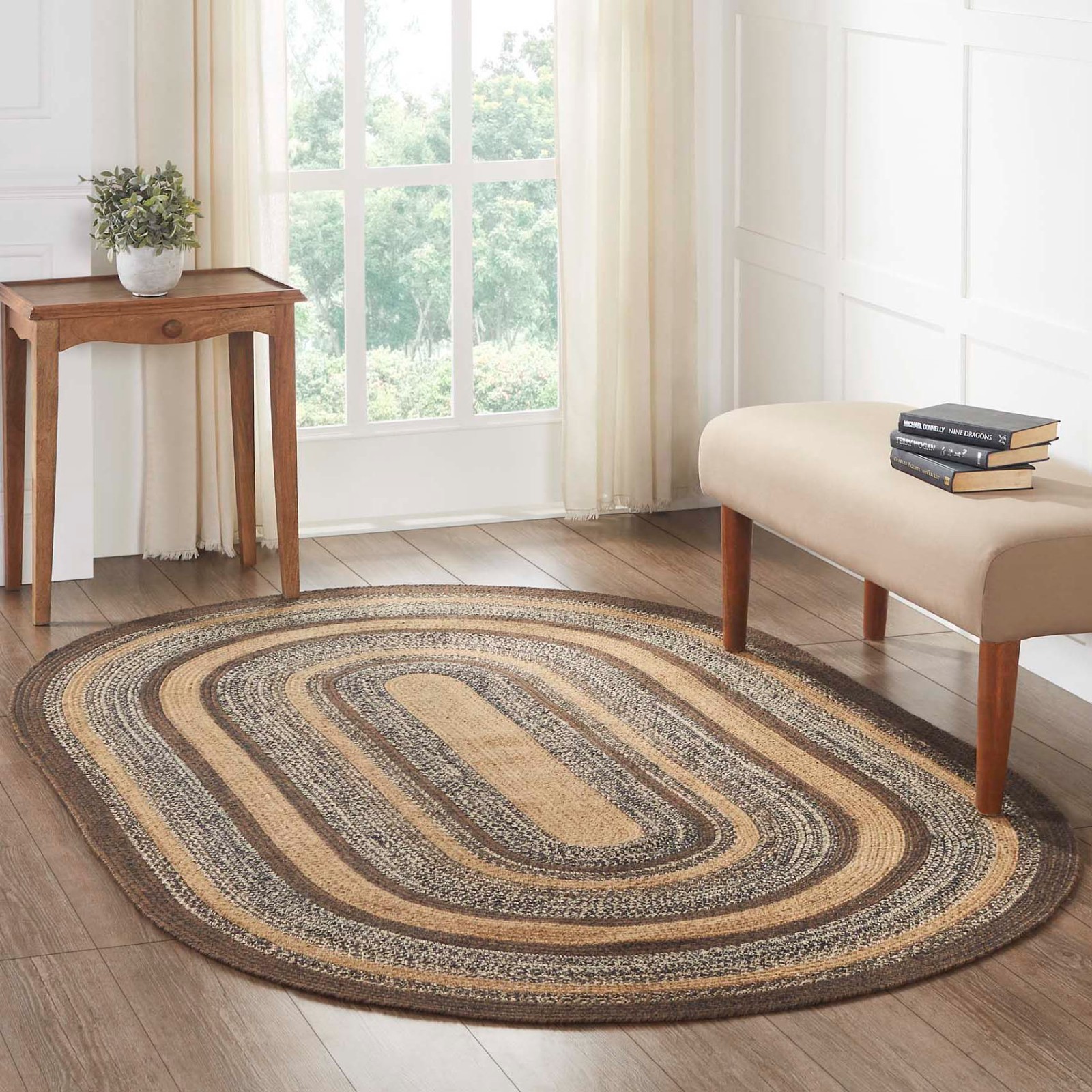 VHC Espresso Charcoal Tan Browns Ivory Country Oval Braided Rug