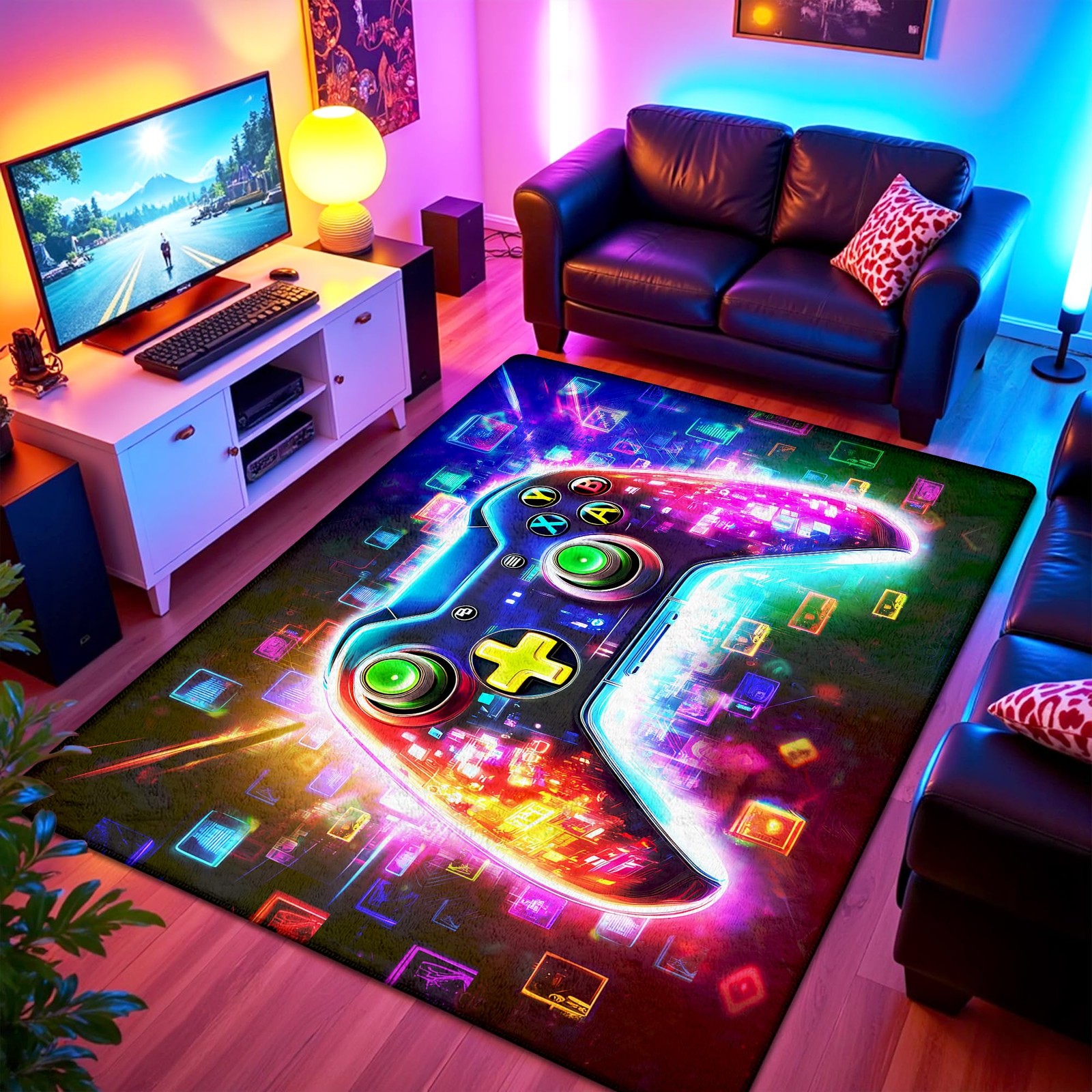 Aicliv 5X7 Ft Neon Gaming Area Rug For Boys Room Colorful Game Controller