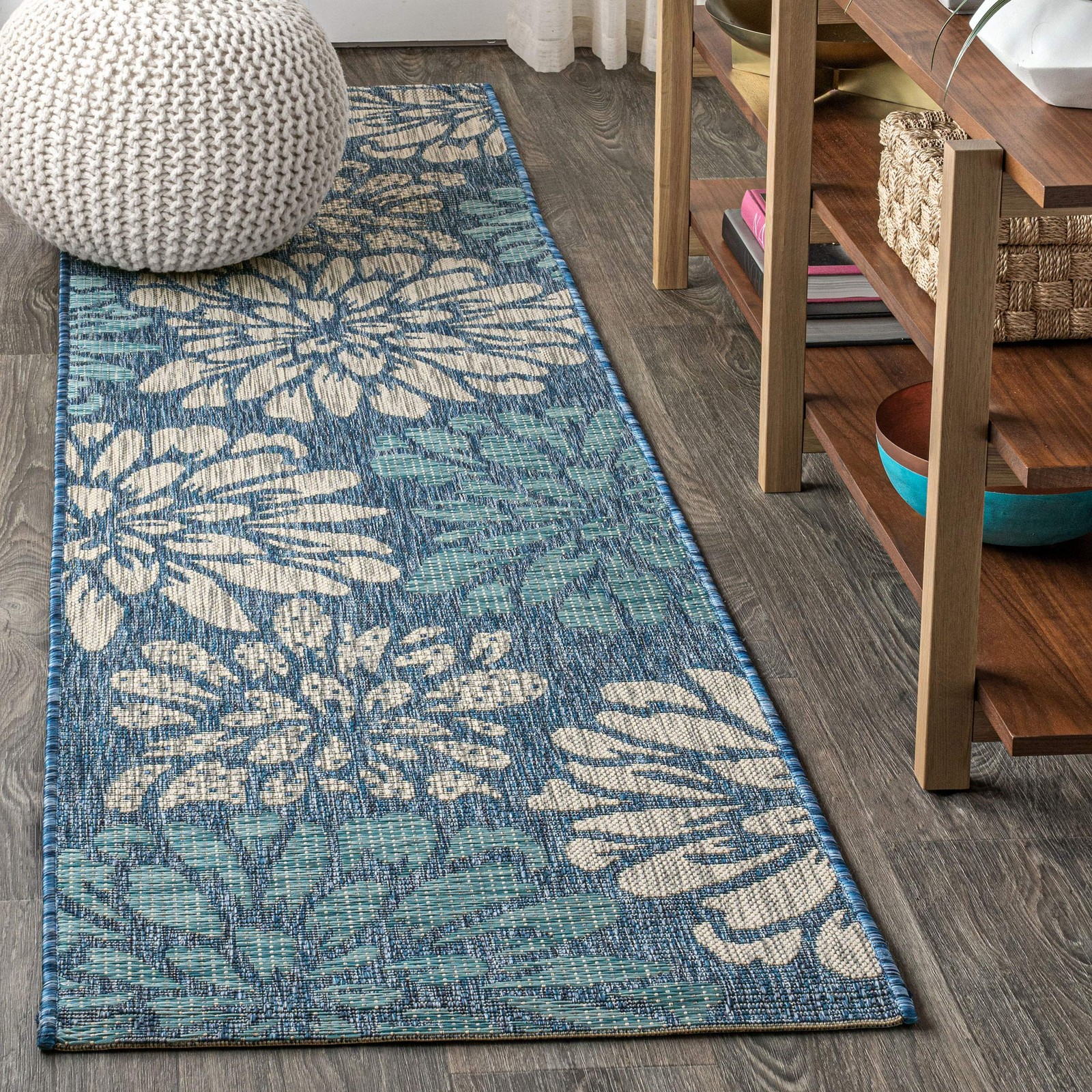 Navy Aqua Floral Indoor Outdoor Rug Durable Pet Friendly Easy Care 2×20 Feet