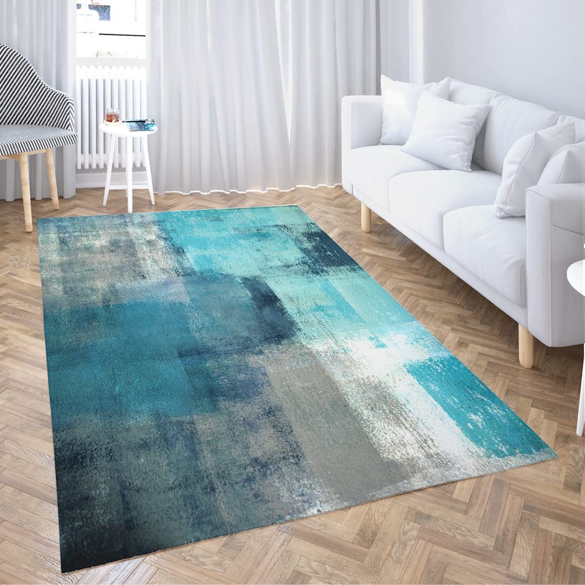 Non-Slip Area Rugs Turquoise and Grey Abstract Art Home Decor Rugs Carpet for…