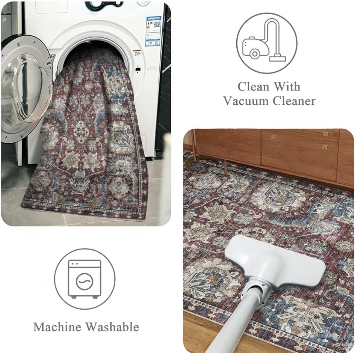 3′ x 5′ Washable Area Rug Burgundy Blue Vintage Boho Tribal Non-Slip Floor Mat