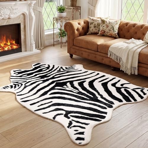 Large Durable Faux Zebrahide Area Rug 4.9 x 6.56 Feet, Premium Zebra Print