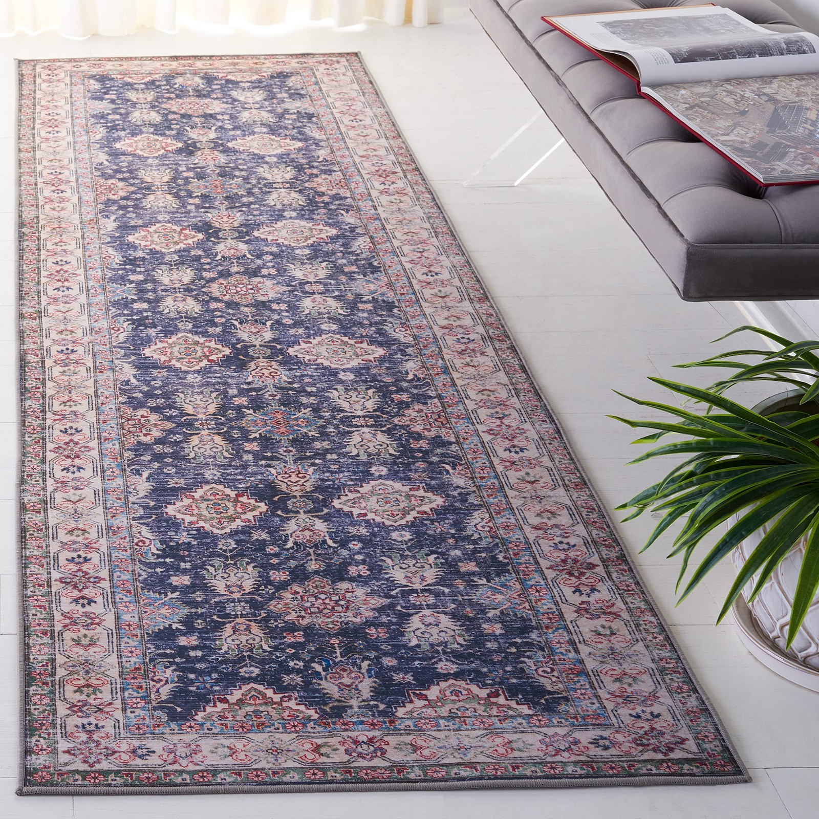 Washable Rug Tucson Collection – 2’6″ x 4′, Navy & Beige, Slip Resistant, Ide…