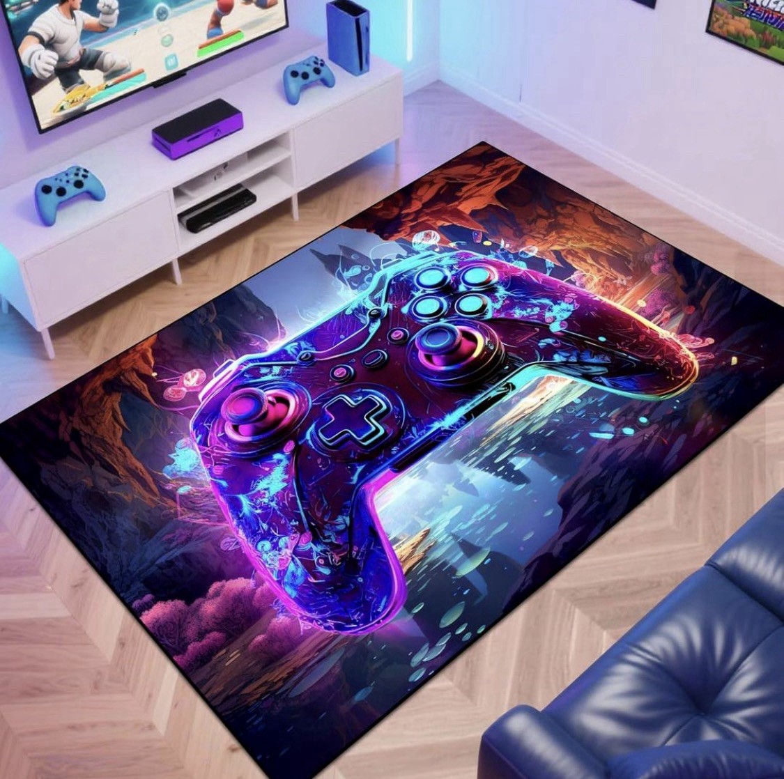Gaming Area Rug Teen Boys Carpet, Colorful Gamepad Background Game Controller…