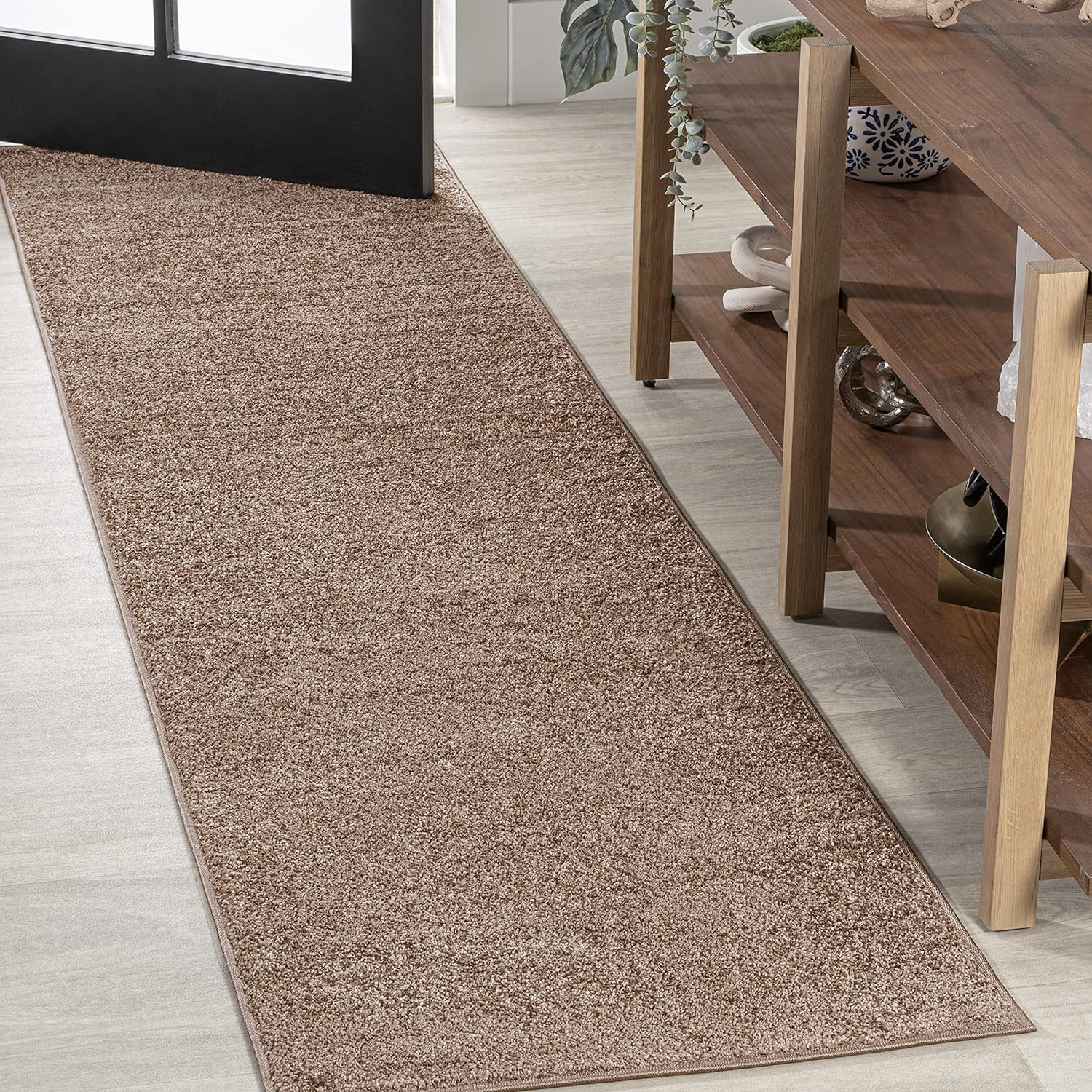 Haze Solid Low-Pile Brown Runner Rug 2X14, Coastal,Bohemian,Minimalist,Classic,