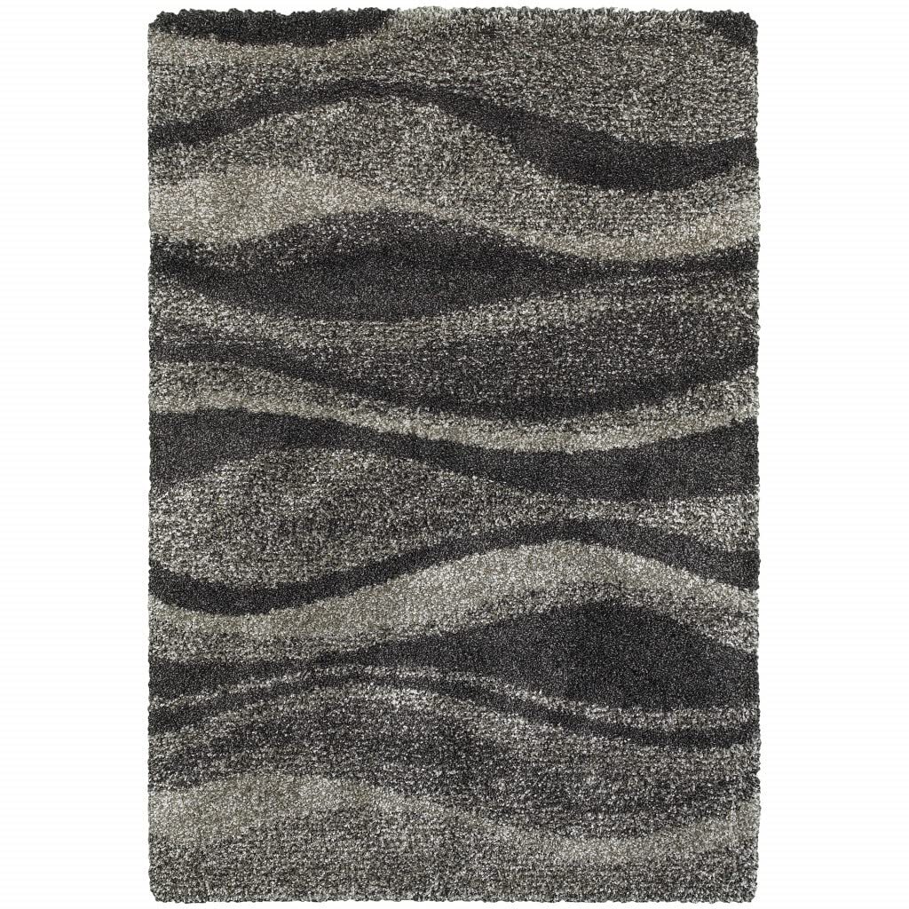8′ X 11′ Charcoal Silver And Grey Abstract Shag Power Loom Stain Resistant Area
