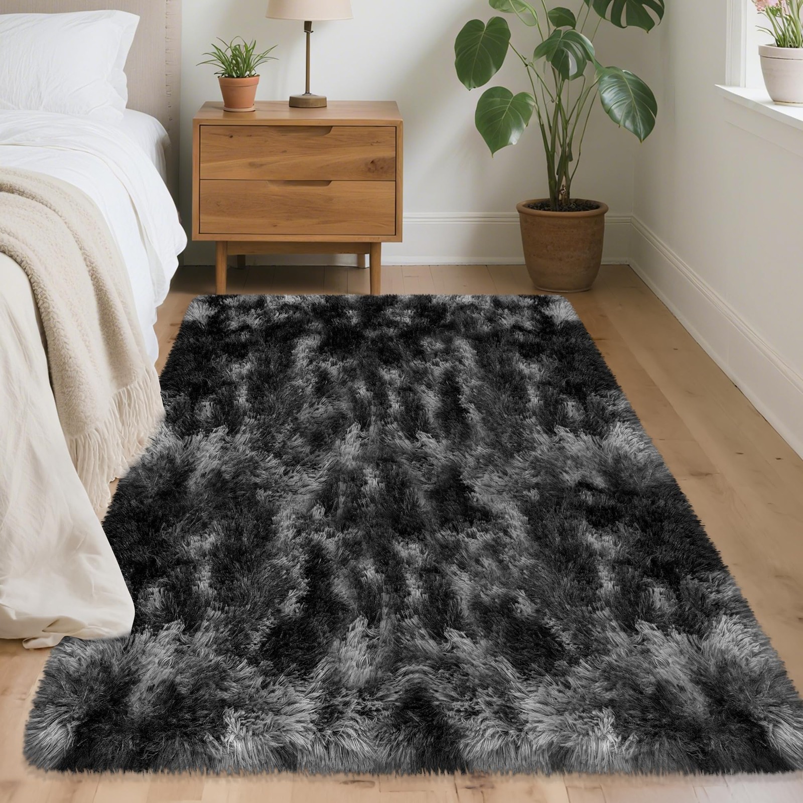 3×5 Dark Grey and Black Shaggy Rug for Bedroom Living Room Soft Fuffly Shag C…