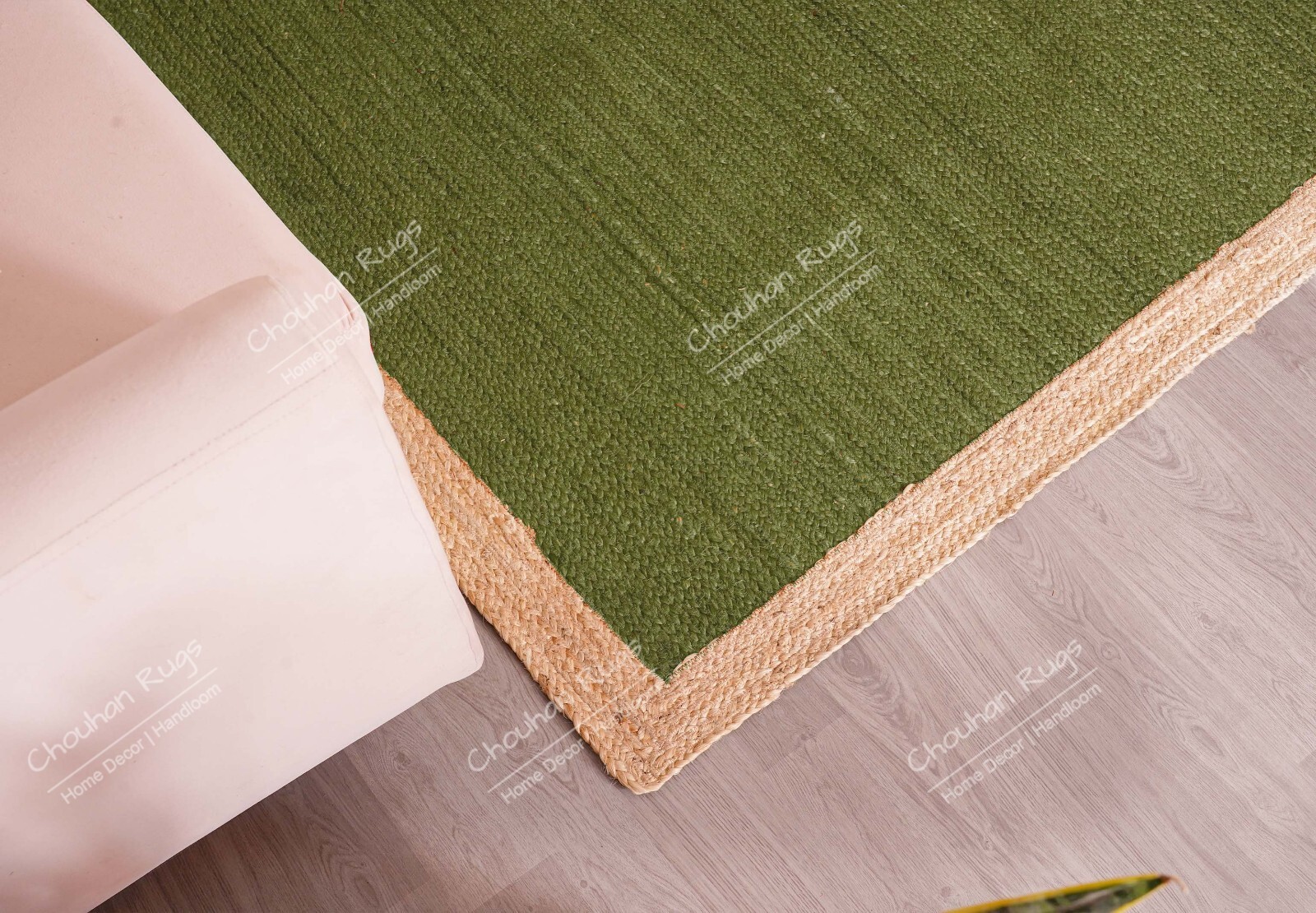 Hand Braided Rectangle Shape Home Décor, Dark Green Jute Rug With Beige Border