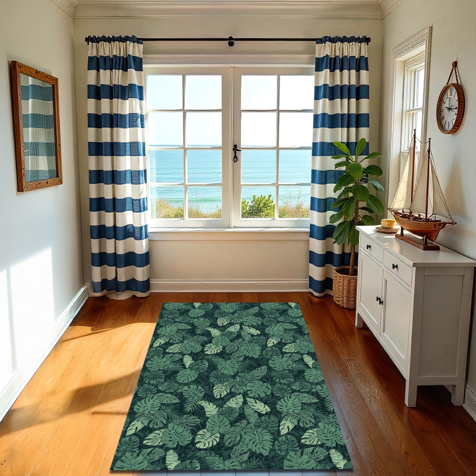 Tropical Leaf Pattern Botanic Rug Green Coastal Carpet Kitchen Mat Decor