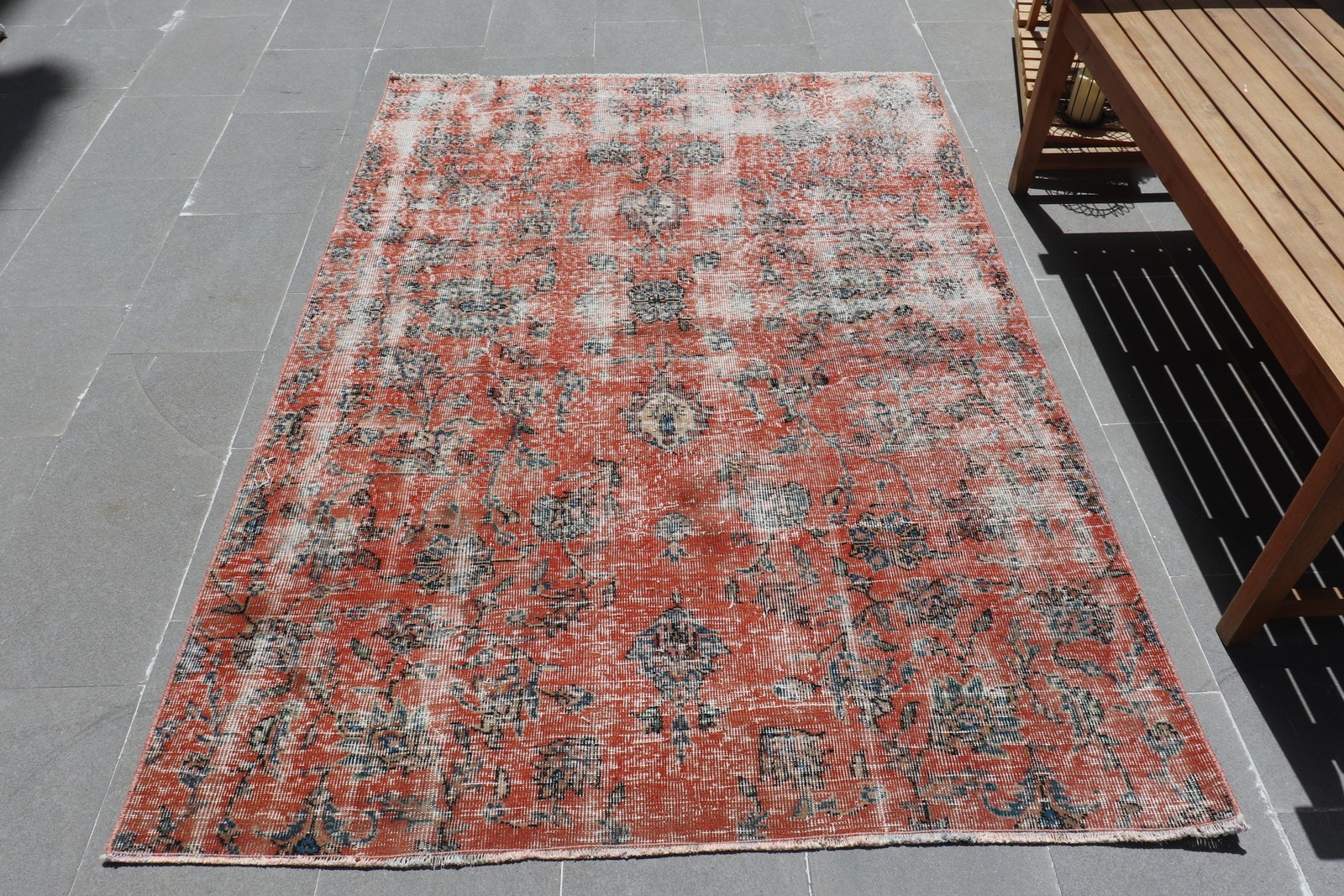 Vintage Turkish Rug, 4,6×6,8 ft Area Rug, Red Blue Wool Rug