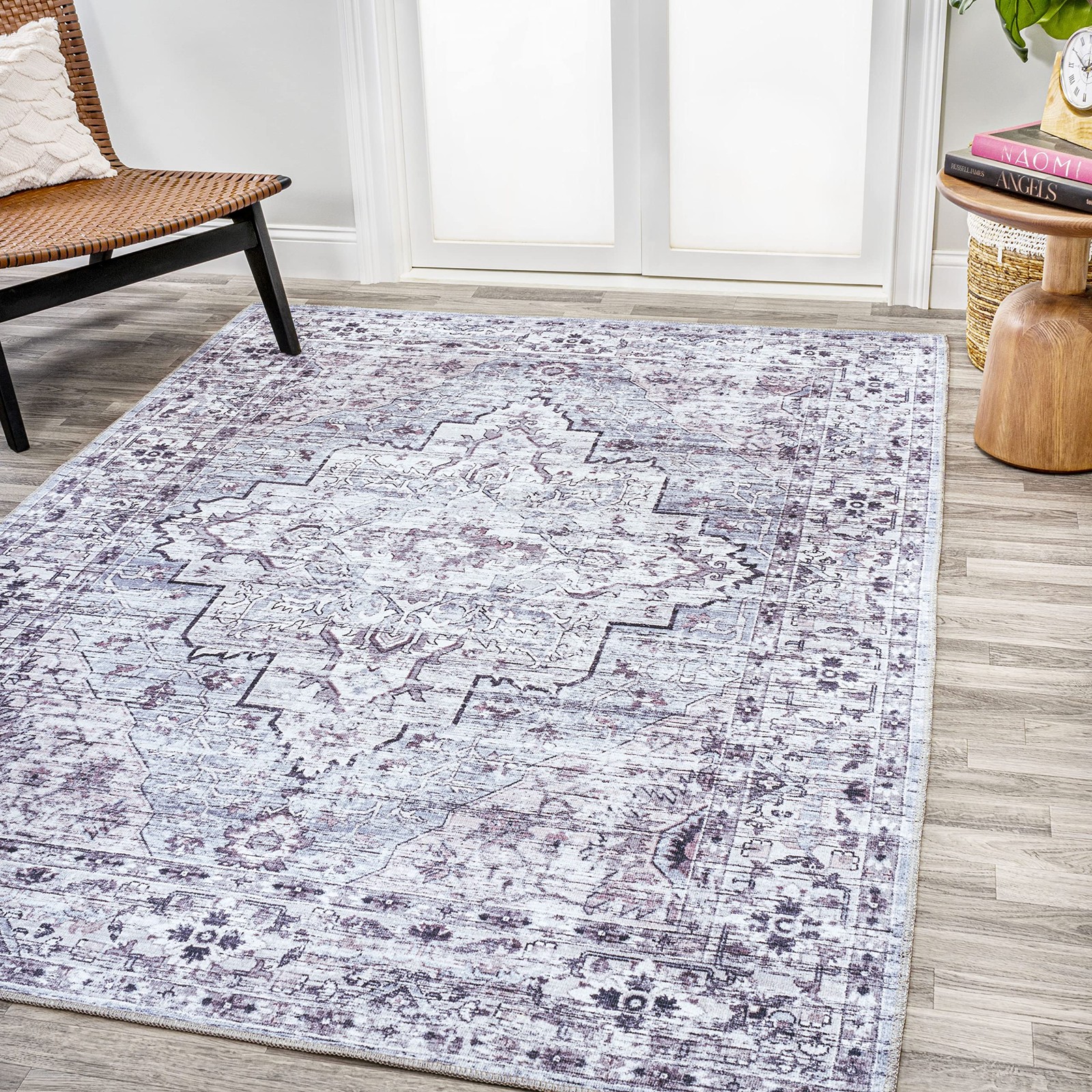 Machine Washable Gray/Purple Indoor Area Rug 4X6 ft, Didim Boho Medallion for…