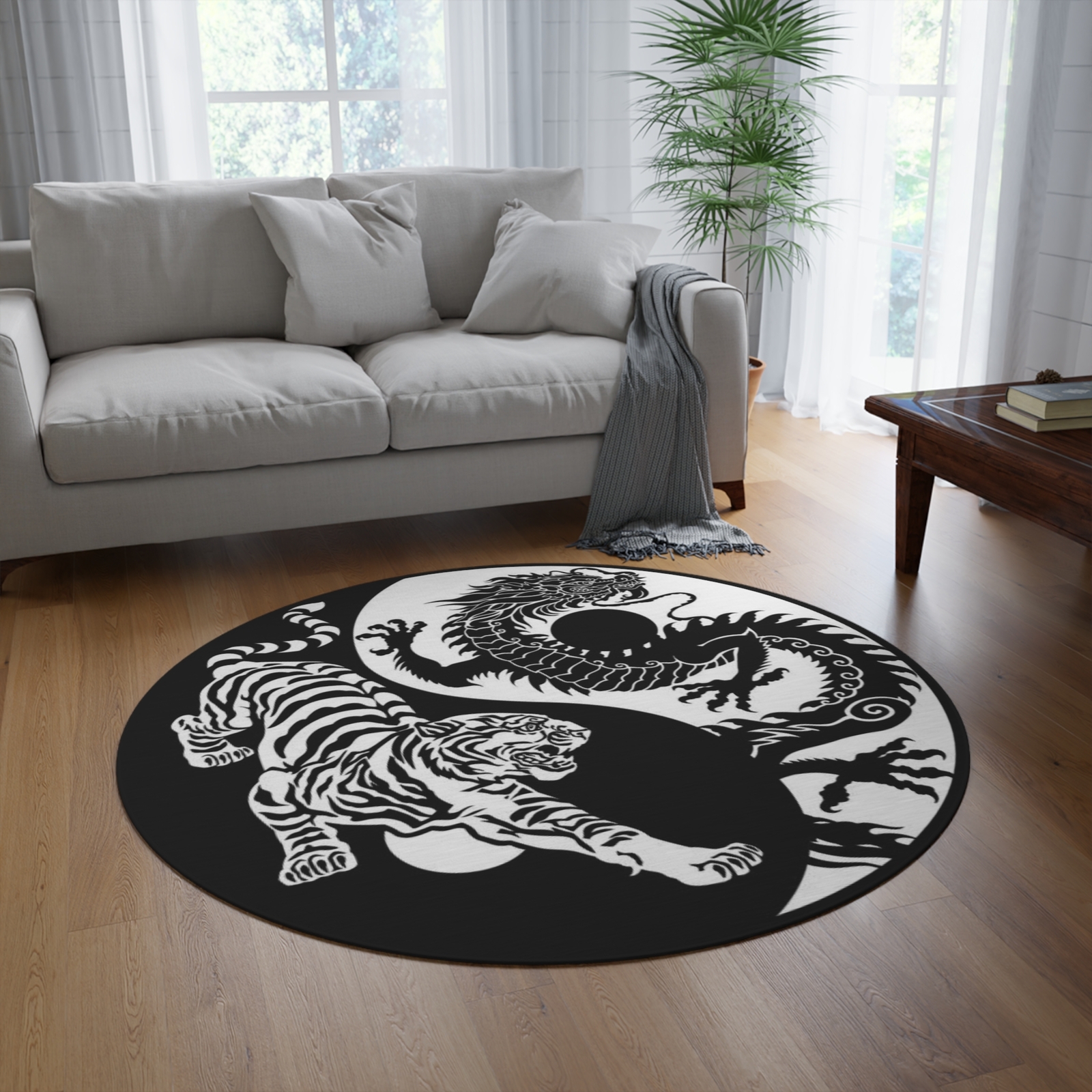 Round Rug, Tiger and Dragon Design, Black and White Animal Print, Home Decor