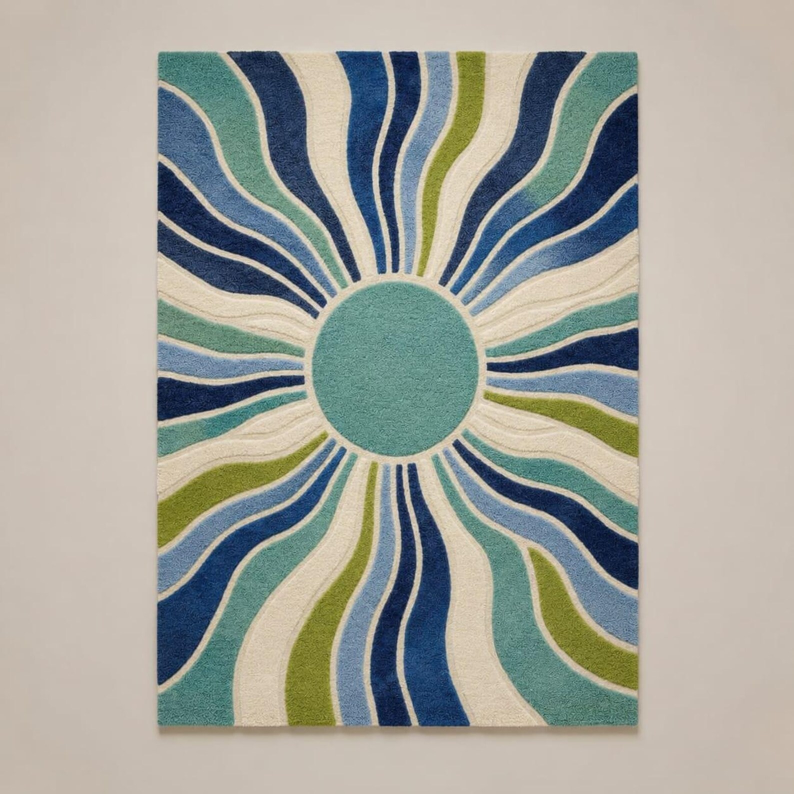 Hand Tufted Blue Sunburst Area Rug Modern Coastal Boho Home Decor Accent