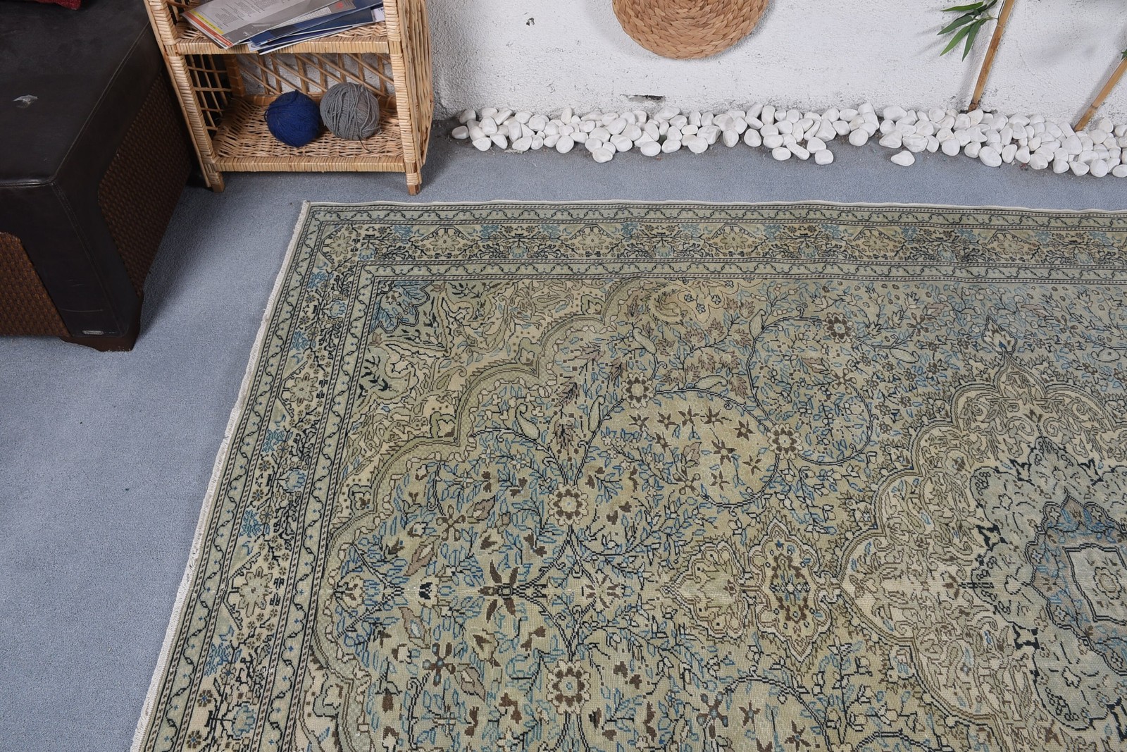 6,41×9,7 ft Rug, Vintage Turkish Rug, Blue Floral Wool Rug