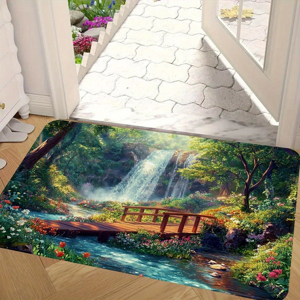 1pc Modern Style Rug Carpet Doormat, Dreamy Forest with Waterfalls Wildflower ♪