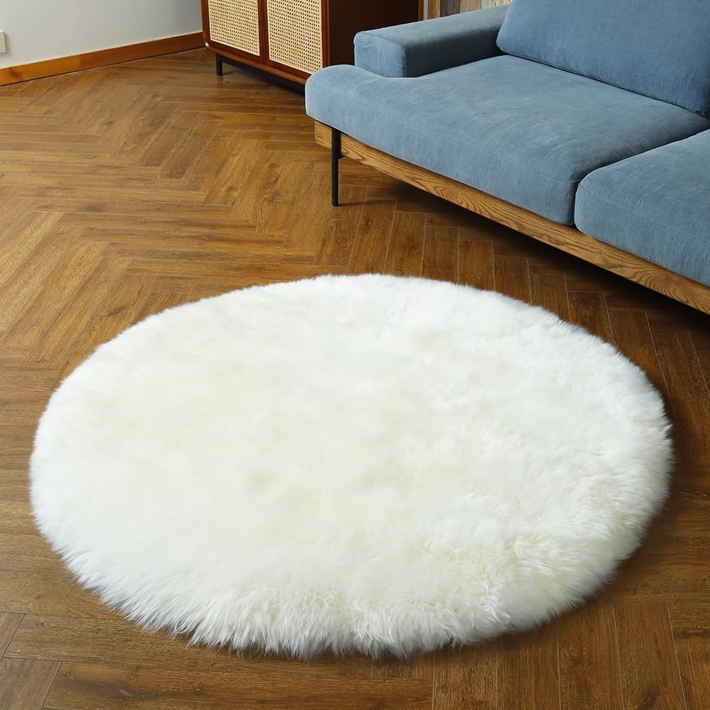 Ivory White Genuine Sheepskin Rug 48″ Round Plush Soft Fluffy Area Carpet