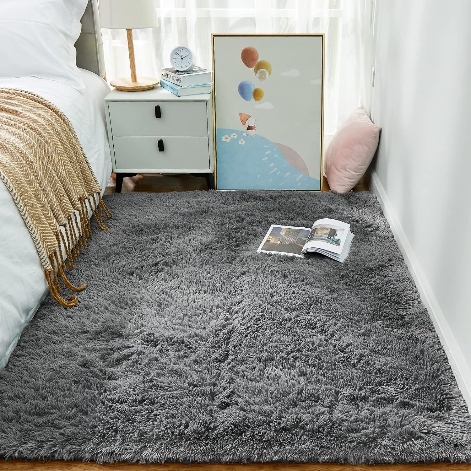 Ophanie Area Rugs for Living Room Bedroom, Upgrade Non-Slip Fluffy Soft Grey Sha
