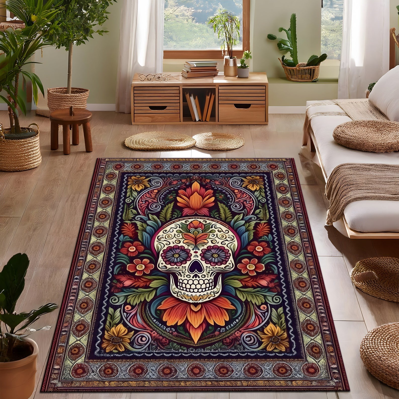 Skull Rug, Goth Room Decor, Skull In Floral Rug, Dark Academia Decor, Gothic Rug
