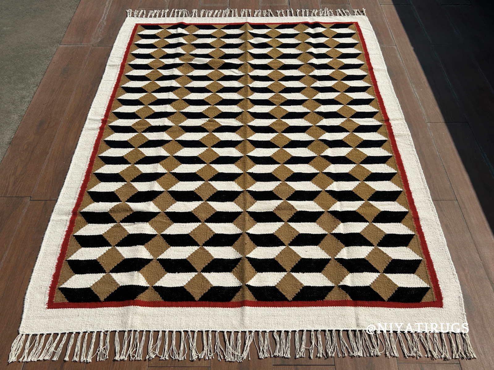 Swedish Wool Rug 100% Handwoven Geometric Ivory Beige Black Mid Century Area Rug