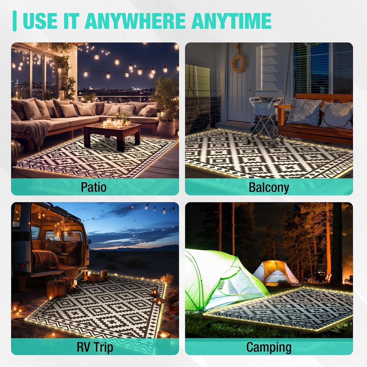 HAUSHOF 8FT Outdoor Rug Waterproof LED Strip Light Reversible Plastic Straw Rugs