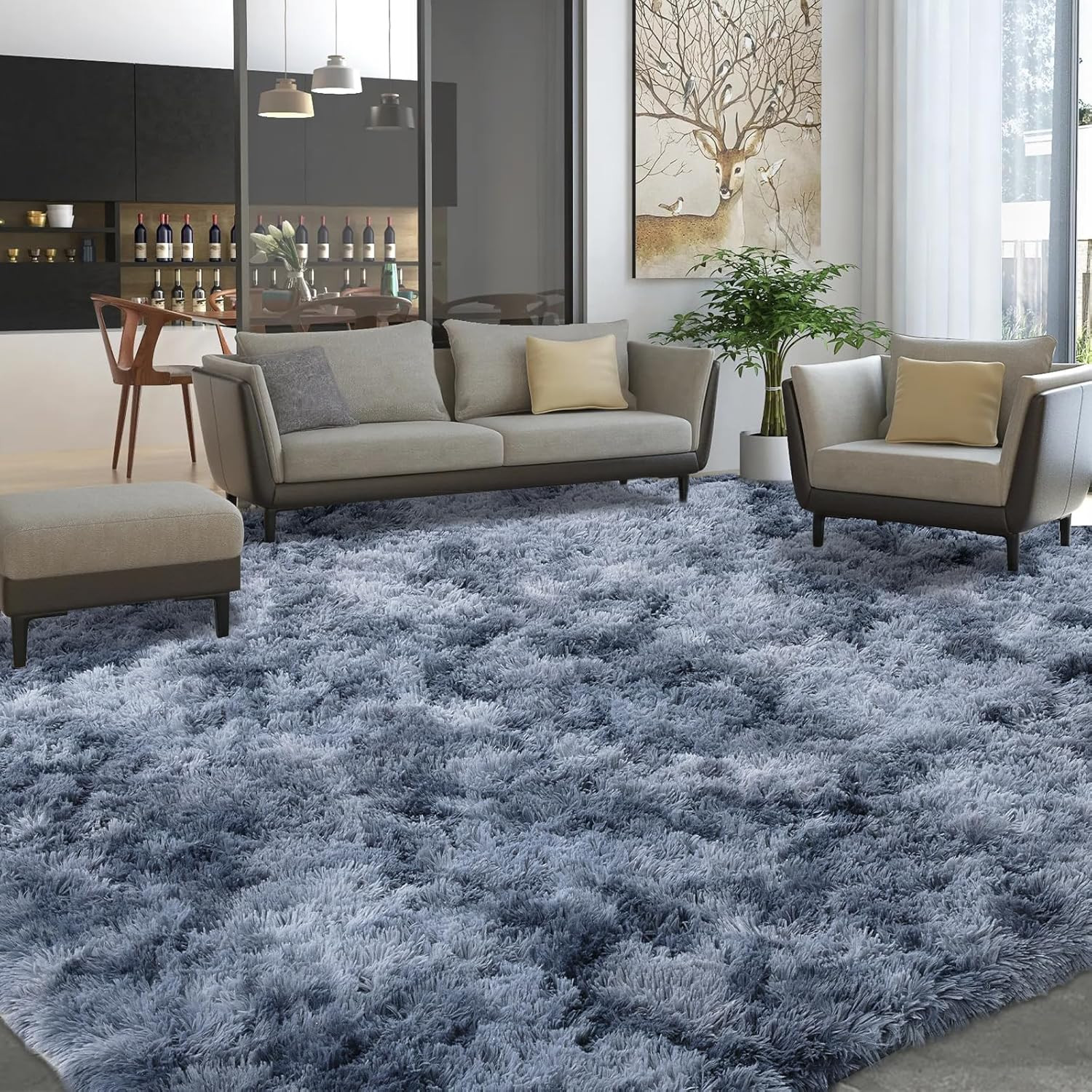 Ultra Soft Tie Dye Grey Plush Area Rug 12×15 Ft Non-Skid for Home Decor
