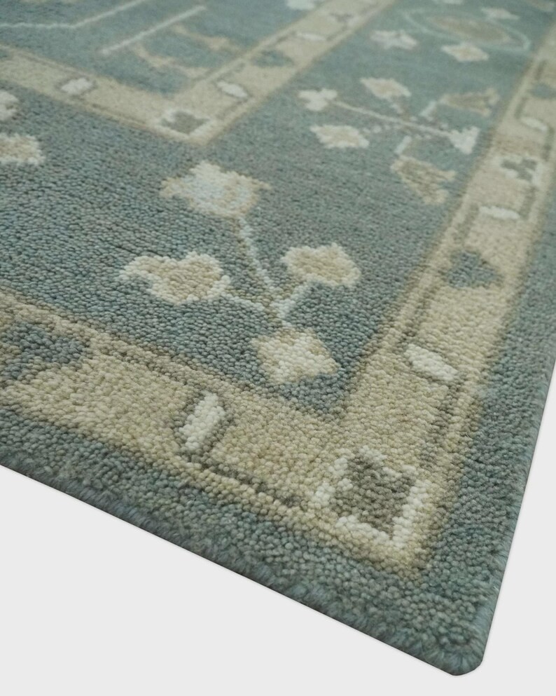 Antique Look Oushak Rug Grey Green Hand Knotted Wool Turkish Area Rug for Home.