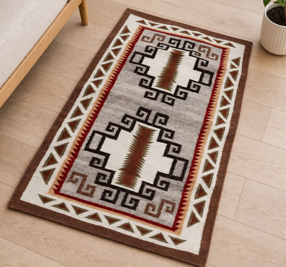 Navajo Two Grey Hills Wool Rug Handwoven Greek Key Southwestern Kilim Flatweave