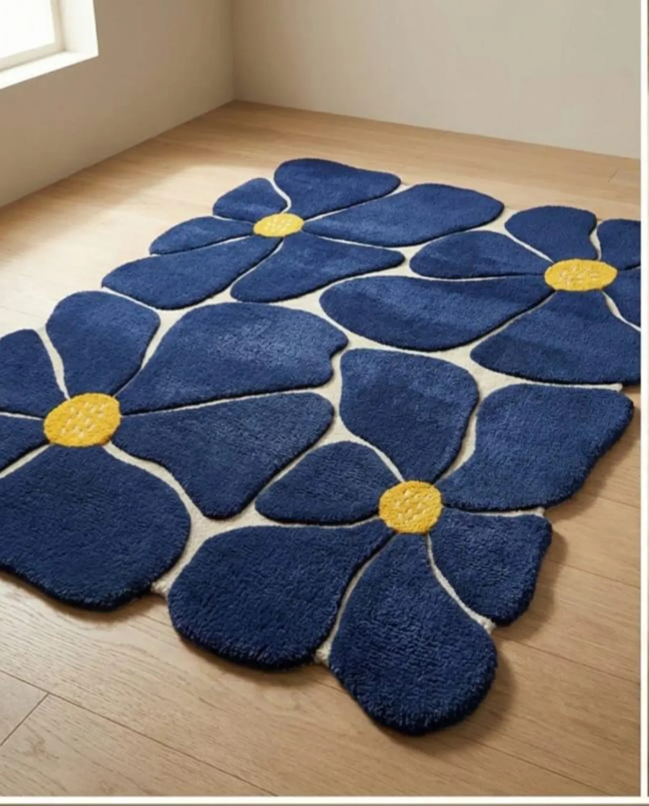 Hand Tufted Wool Rug: Blue Geometric, Modern Design Flora Blossom Shaped Rug 6×9